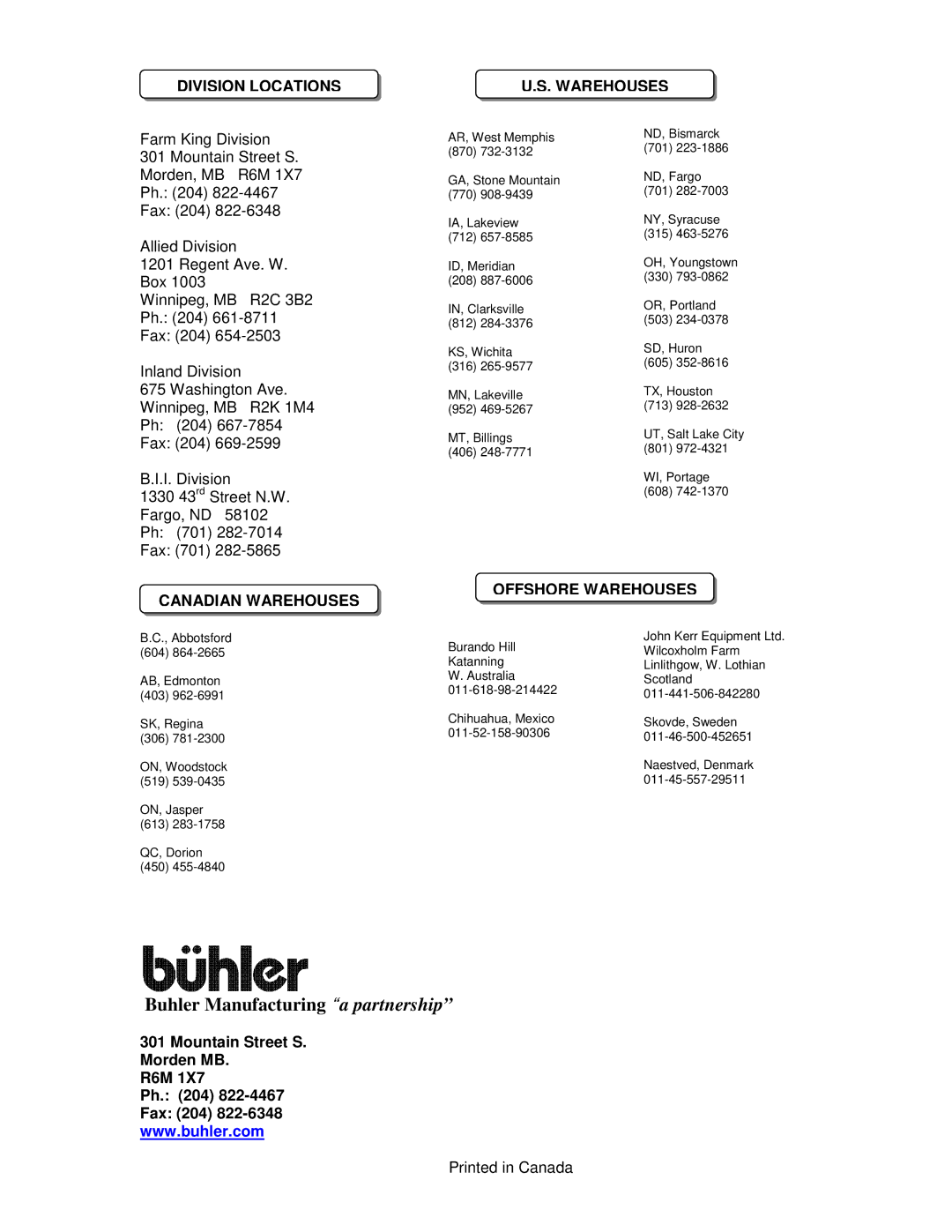 Buhler FK314 manual Buhler Manufacturing a partnership 