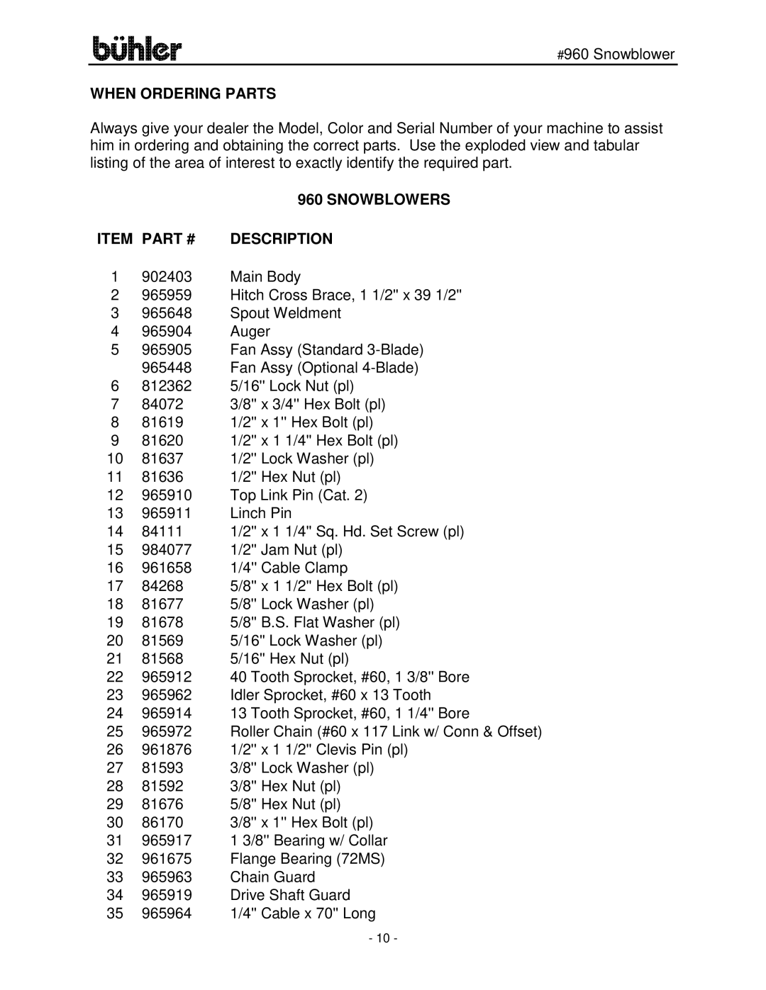 Buhler FK315 manual When Ordering Parts, Description 