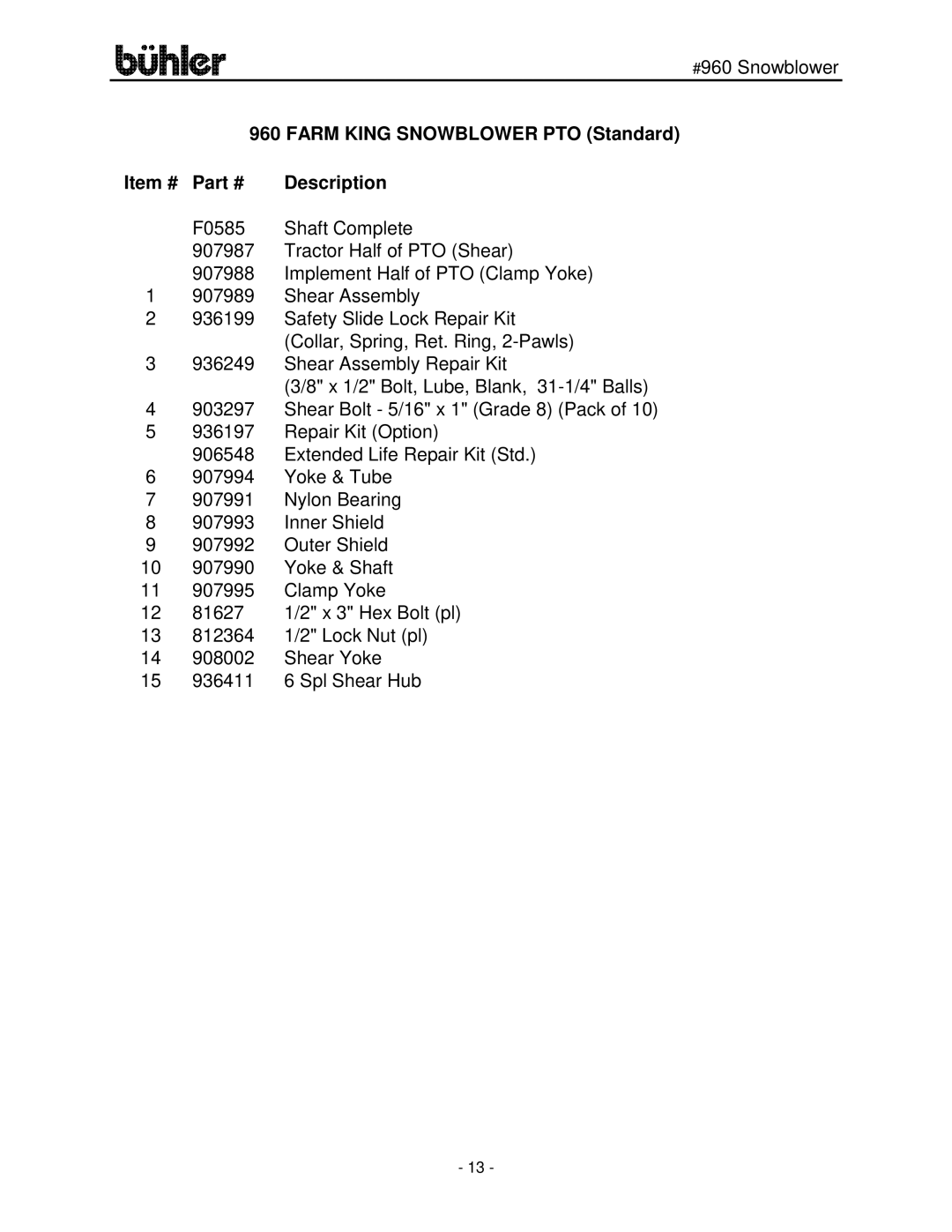 Buhler FK315 manual Farm King Snowblower PTO Standard Item # Description 