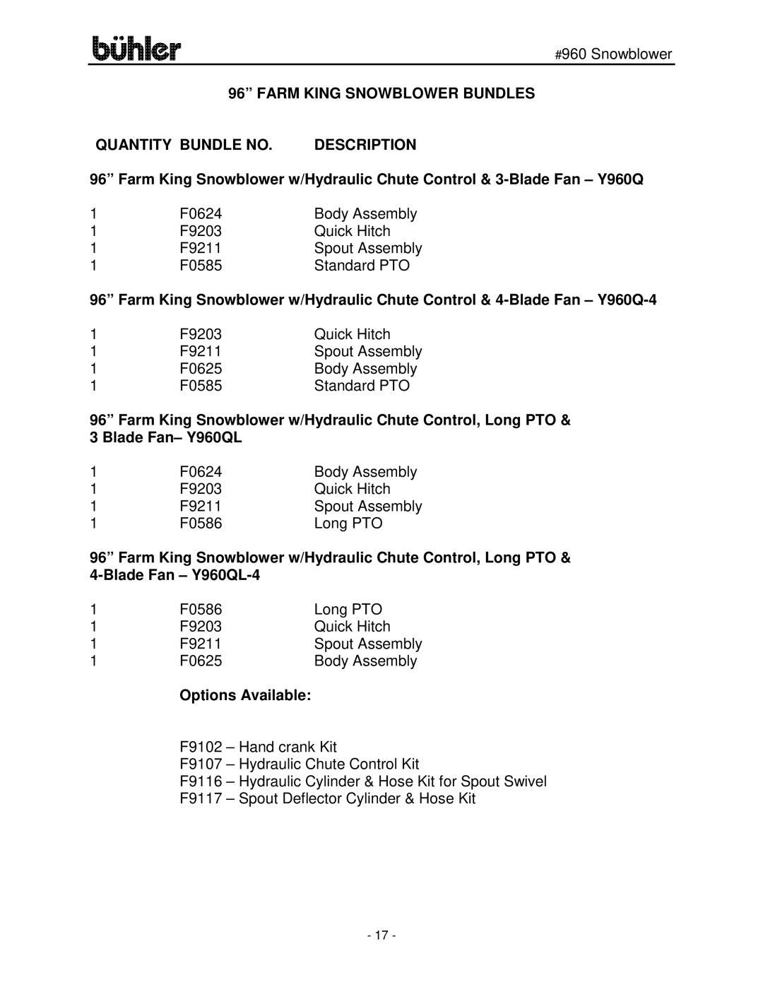 Buhler FK315 manual Farm King Snowblower Bundles Quantity Bundle no, Options Available 