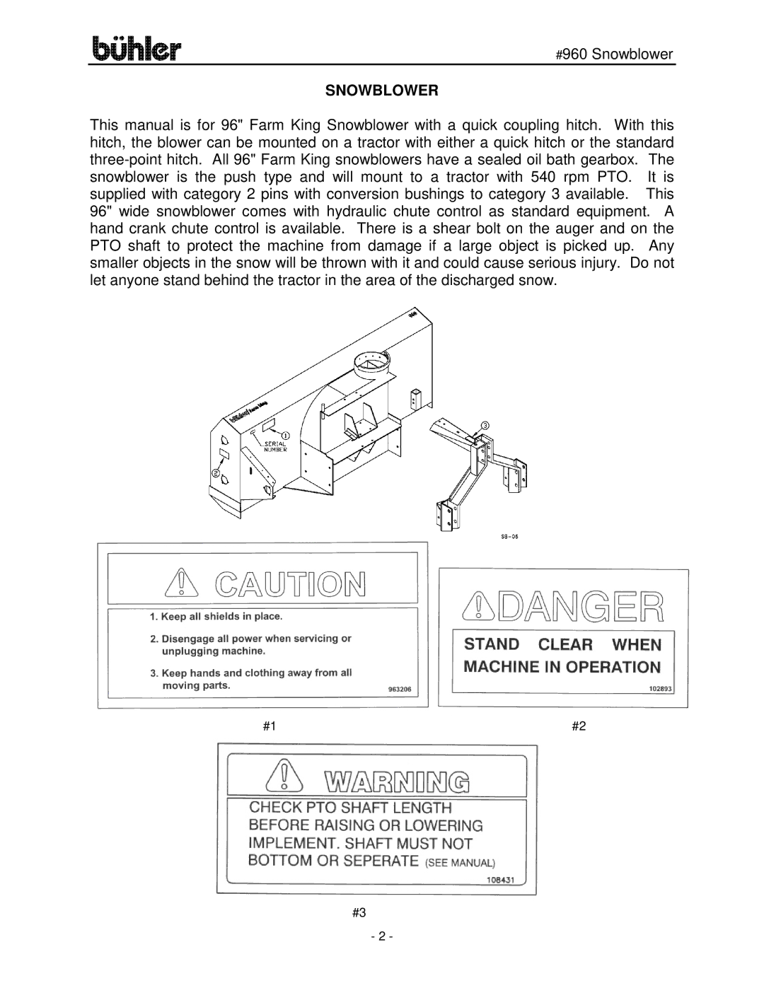 Buhler FK315 manual Snowblower, Safety Signs Operating Instructions 