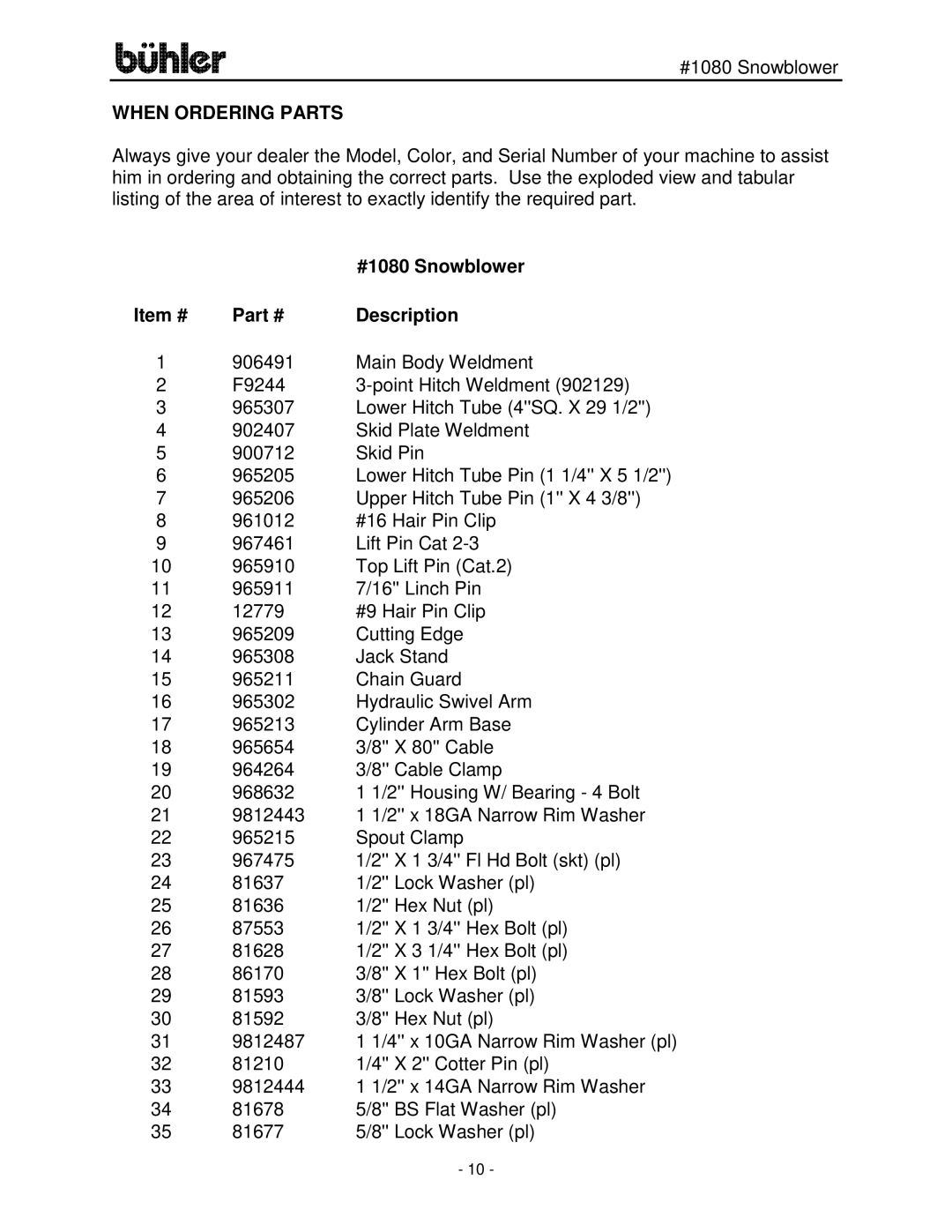 Buhler FK329 manual When Ordering Parts, Item # Description 