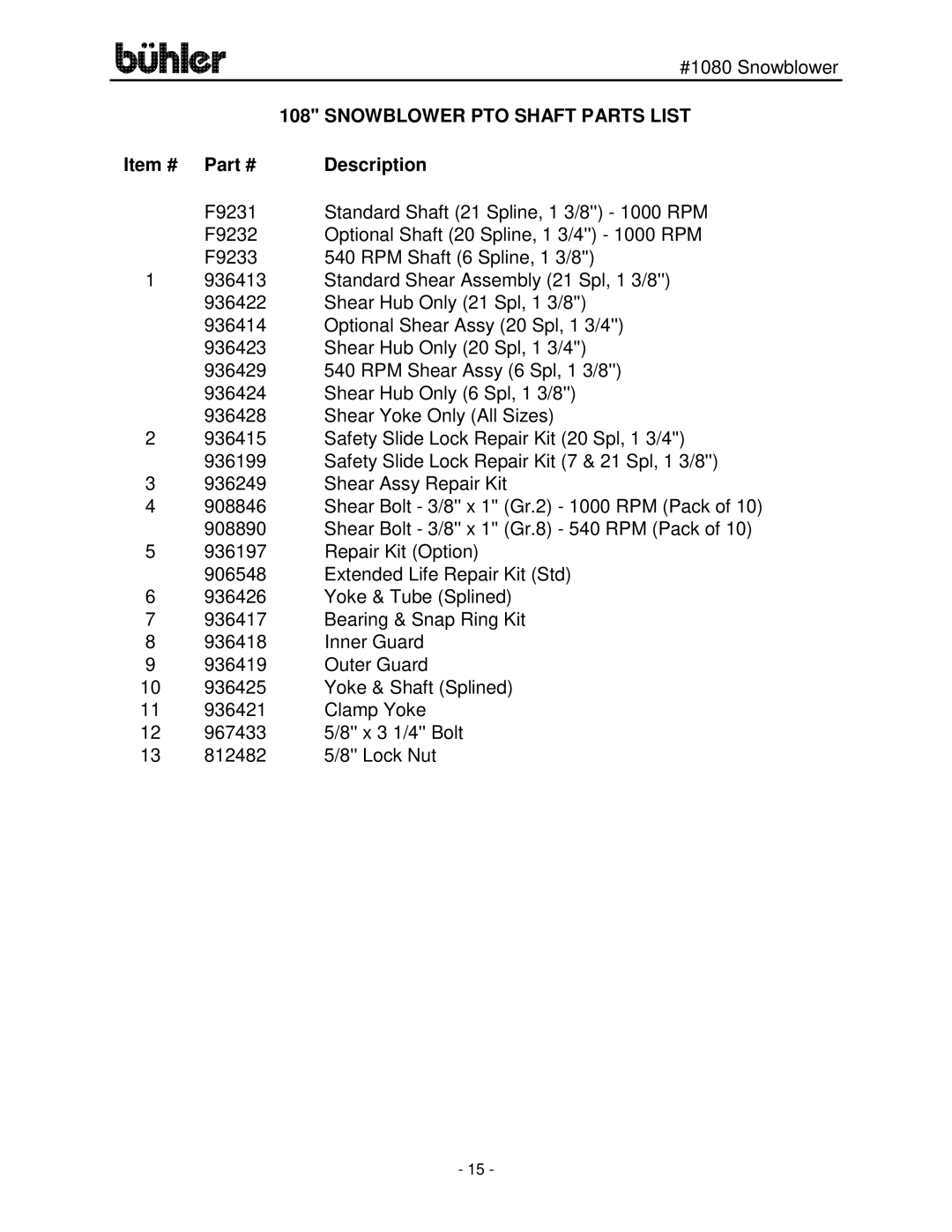 Buhler FK329 manual Snowblower PTO Shaft Parts List 