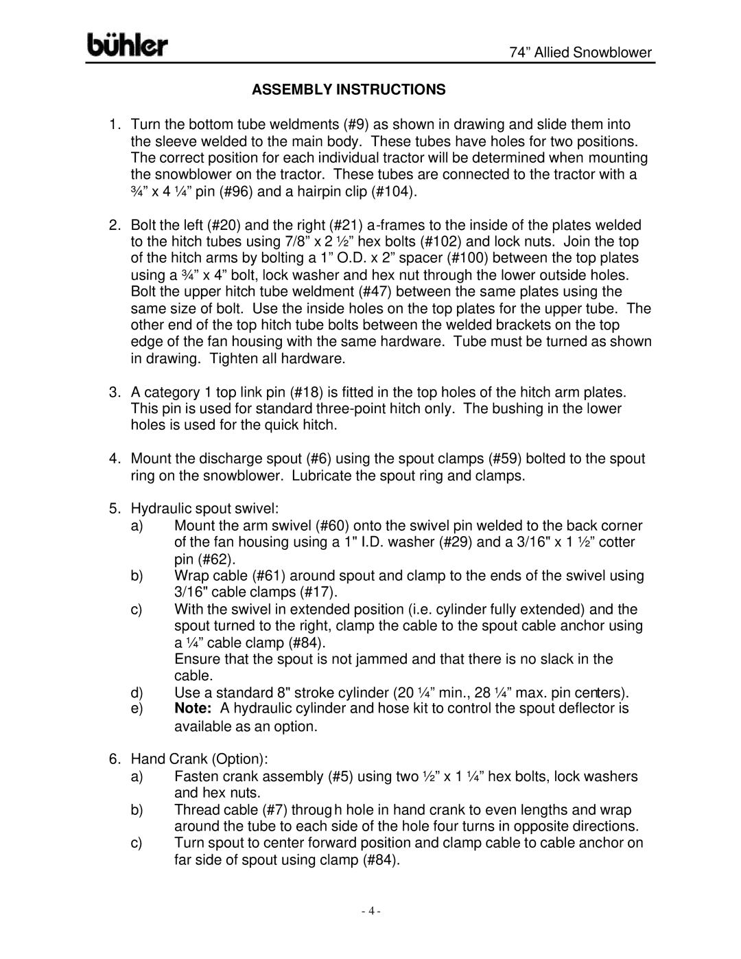 Buhler FK331 warranty Assembly Instructions 