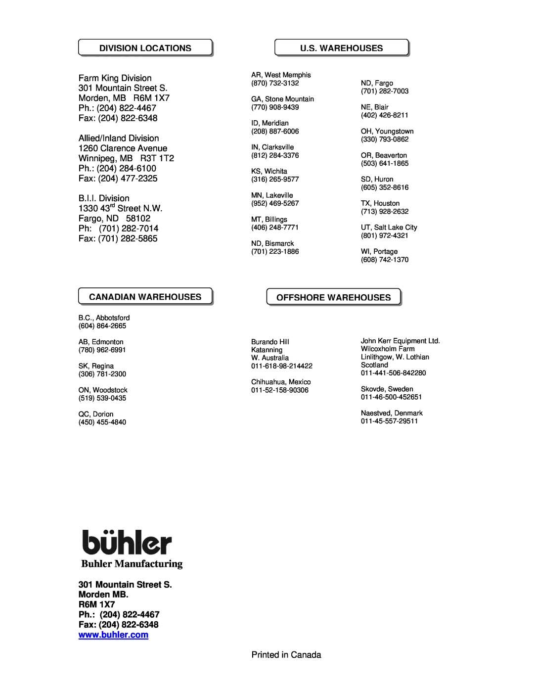 Buhler FK352 manual Buhler Manufacturing, Division Locations, Farm King Division 301 Mountain Street S, Ph 701 Fax 