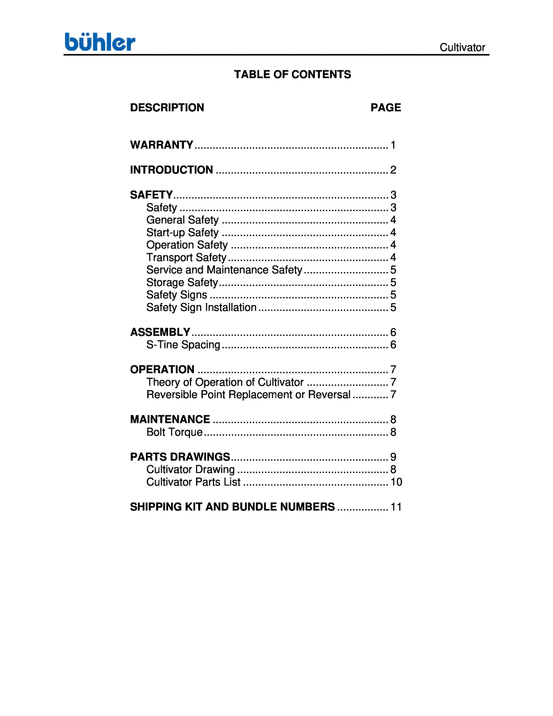 Buhler FK352 manual Table Of Contents, Description, Page 