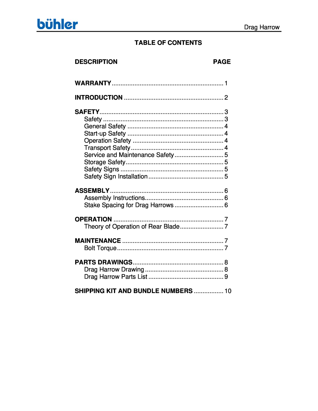 Buhler FK353 manual Table Of Contents, Description, Page 
