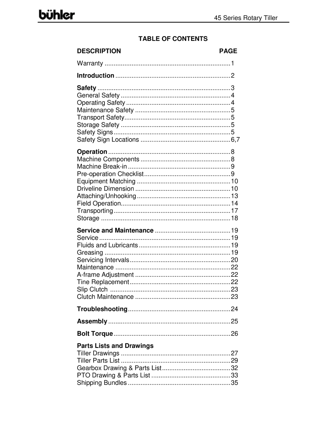 Buhler FK366 warranty Table of Contents Description 