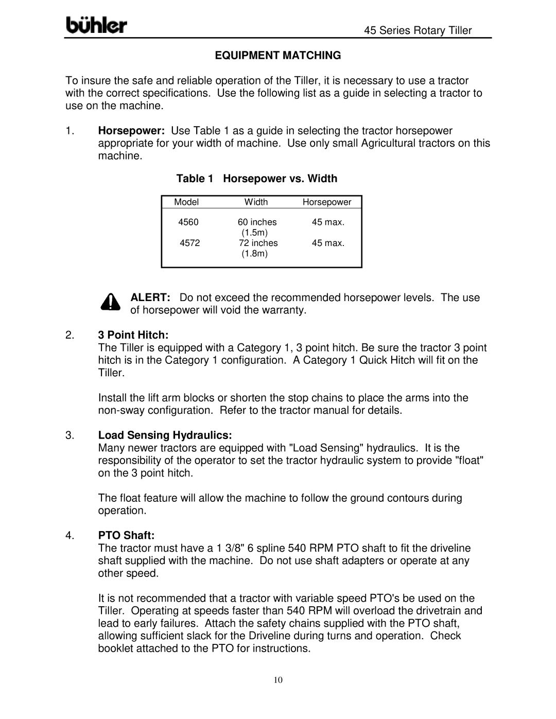 Buhler FK366 warranty Equipment Matching, Horsepower vs. Width, Point Hitch, Load Sensing Hydraulics, PTO Shaft 