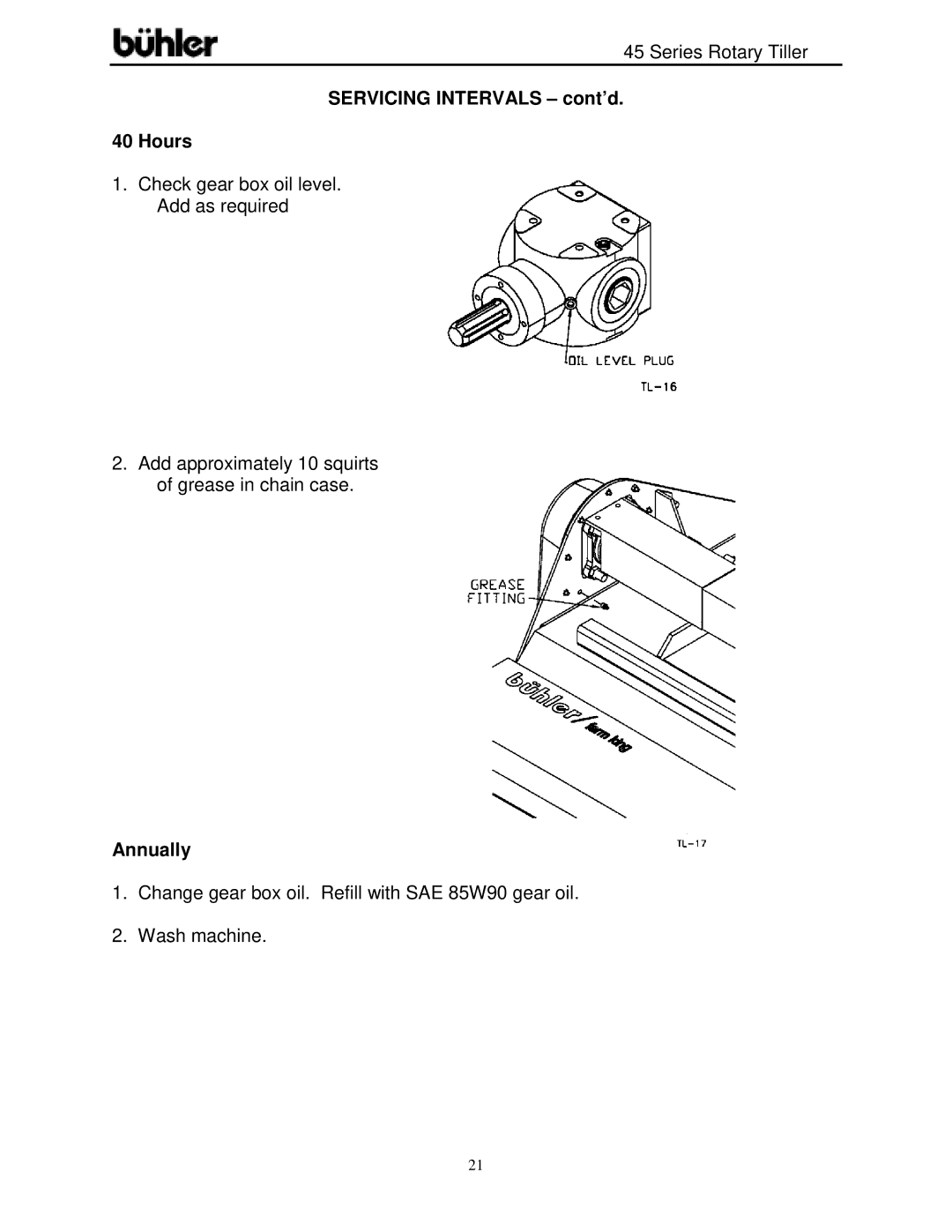 Buhler FK366 warranty Servicing Intervals cont’d Hours, Annually 