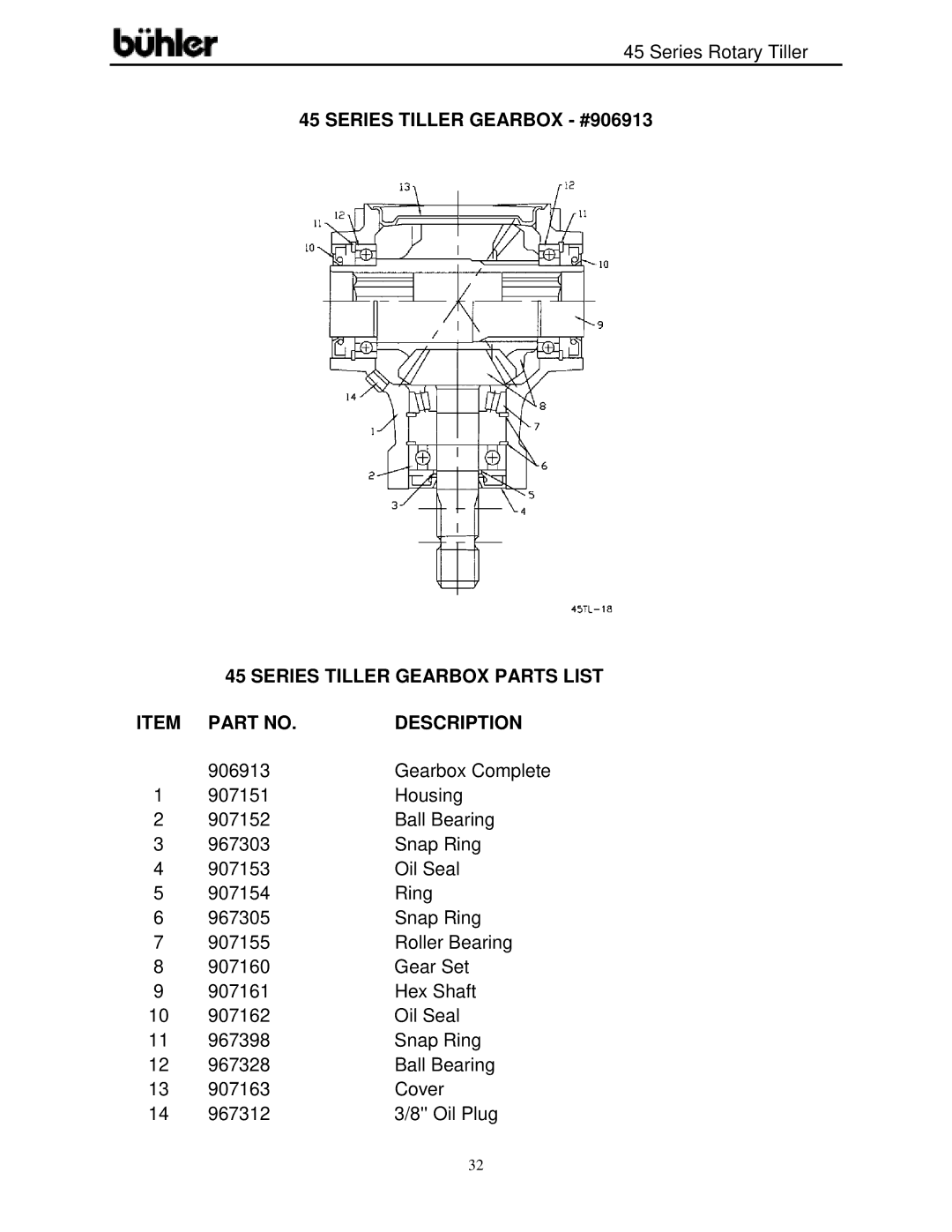 Buhler FK366 warranty Series Tiller Gearbox #906913, Description 