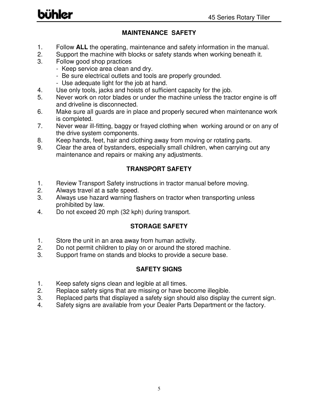 Buhler FK366 warranty Maintenance Safety, Transport Safety, Storage Safety, Safety Signs 