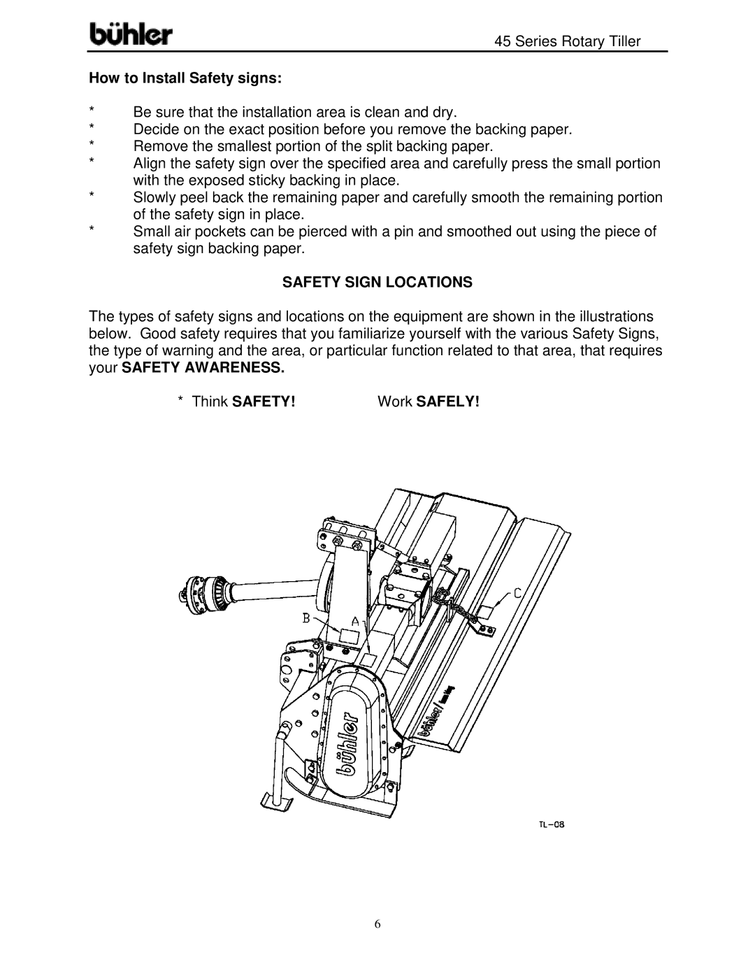 Buhler FK366 warranty How to Install Safety signs, Safety Sign Locations, Work Safely 