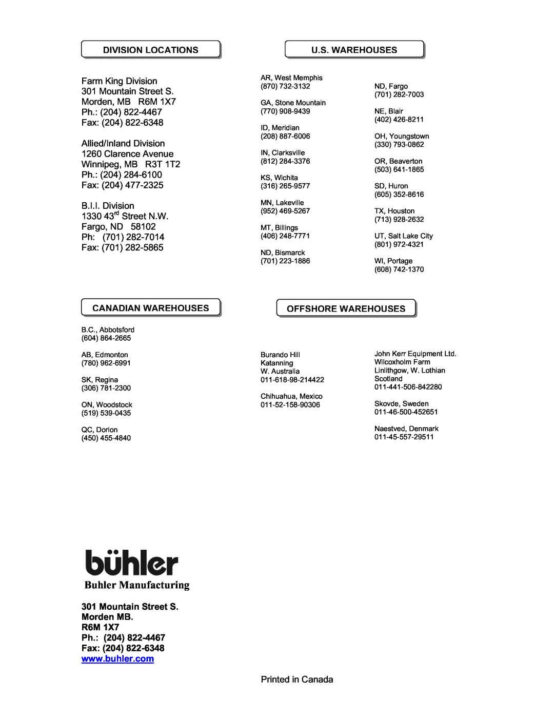 Buhler FK368 Buhler Manufacturing, Division Locations, Farm King Division 301 Mountain Street S Morden, MB R6M Ph. 204 