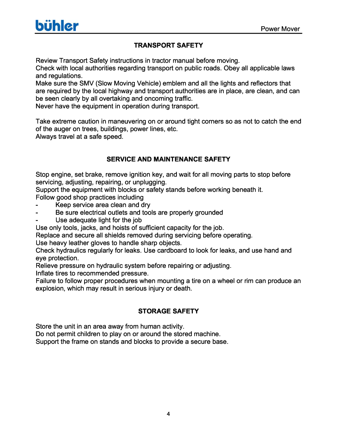 Buhler FK368 manual Transport Safety, Service And Maintenance Safety, Storage Safety 