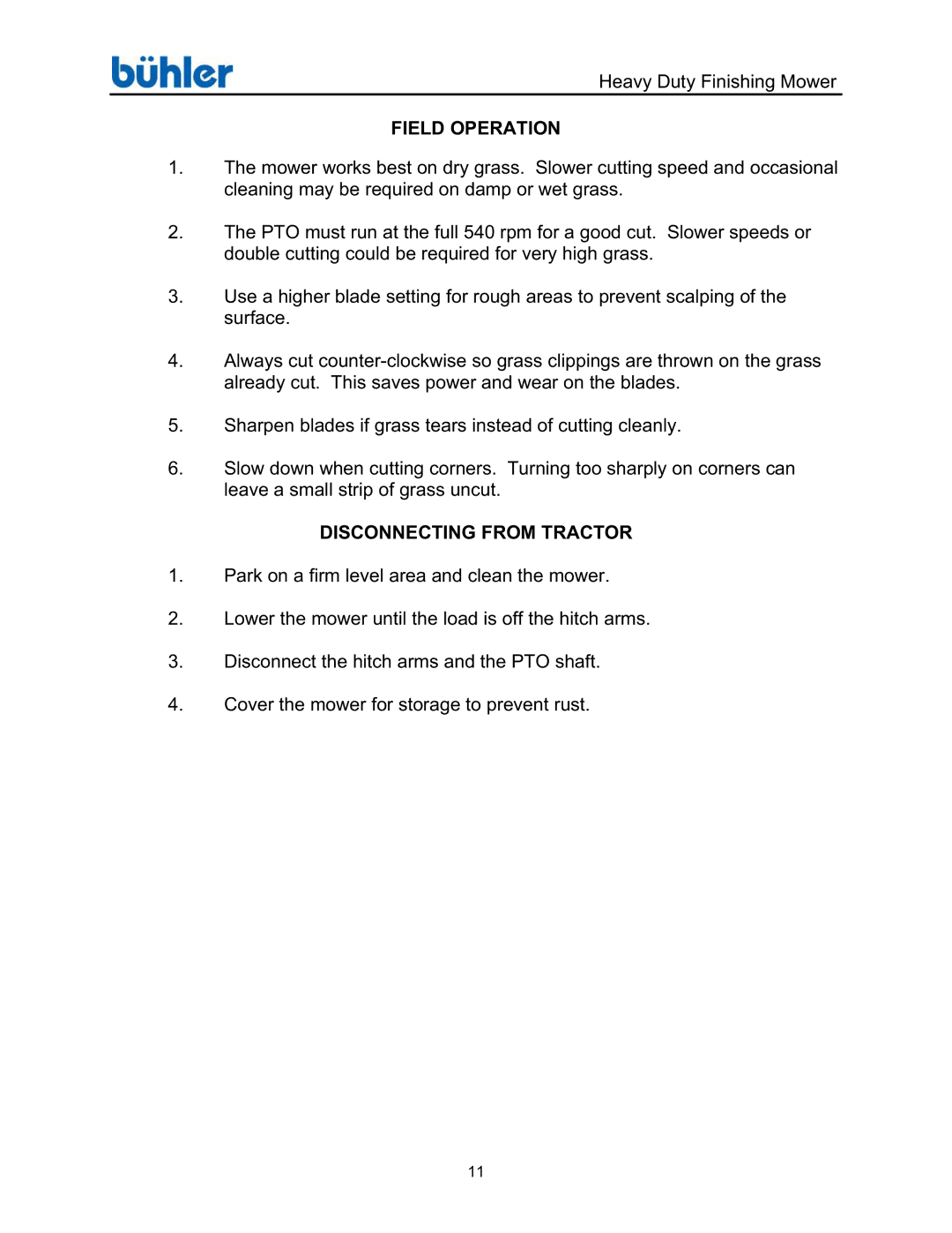 Buhler FK369 manual Field Operation, Disconnecting from Tractor 