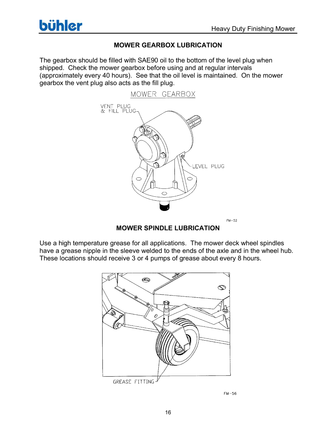 Buhler FK369 manual Mower Gearbox Lubrication, Mower Spindle Lubrication 