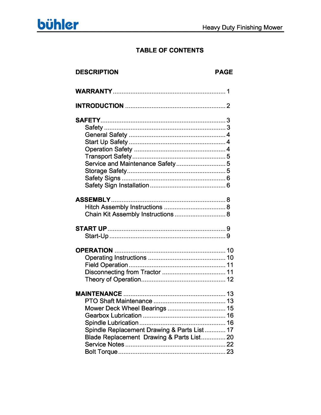 Buhler FK369 manual Table Of Contents, Description, Page 