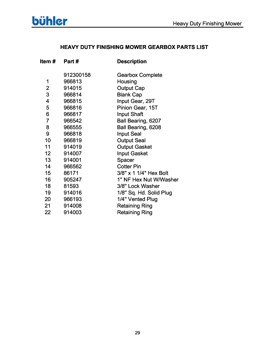 Buhler FK369 manual Heavy Duty Finishing Mower Gearbox Parts List, Item #, Description 