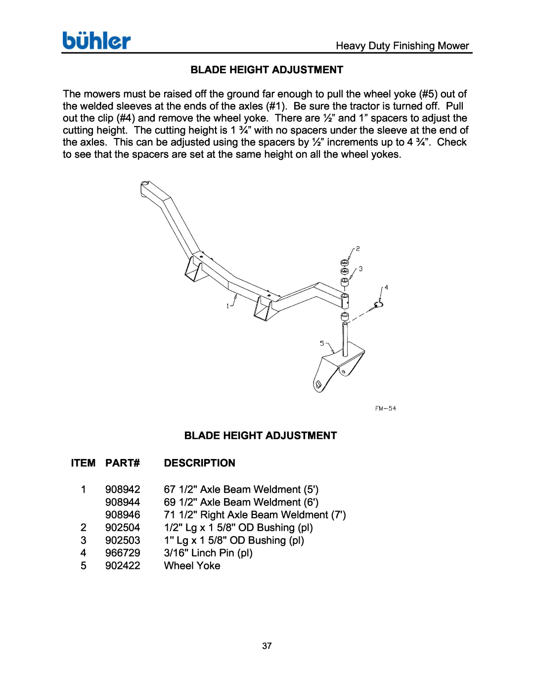 Buhler FK369 manual Blade Height Adjustment Item Part# Description 