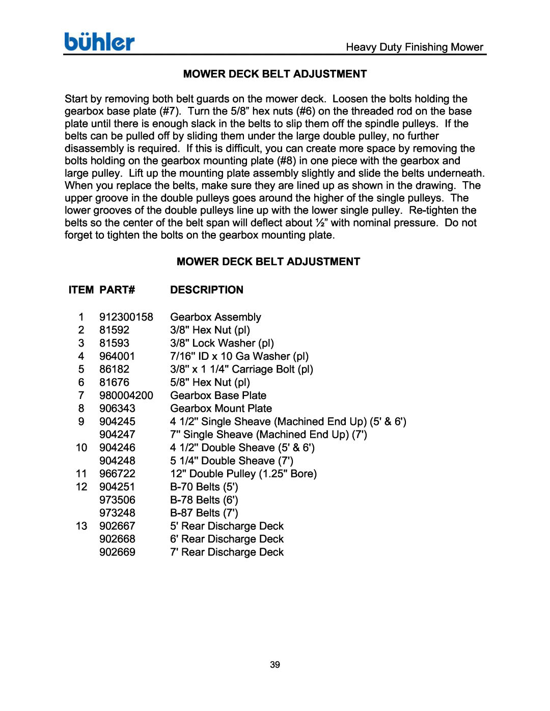 Buhler FK369 manual Mower Deck Belt Adjustment, Item Part#, Description 