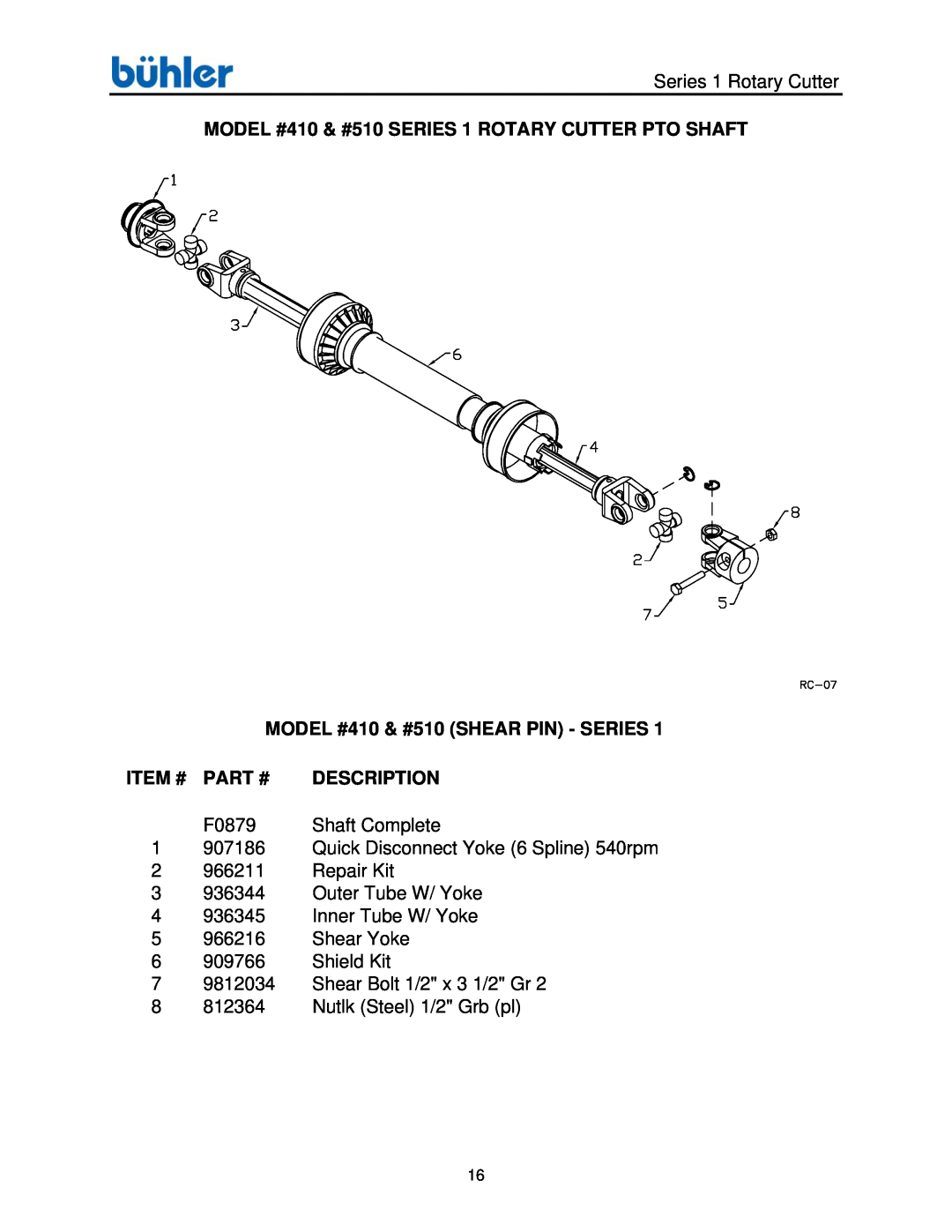 Buhler FK372 manual MODEL #410 & #510 SHEAR PIN - SERIES, Item #, Part #, Description 