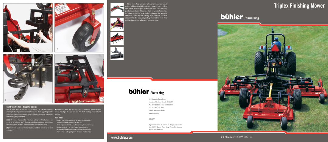 Buhler YT750 manual Quality construction thoughtful features, More value, Triplex Finishing Mower, YT Models, Tsx Bui 