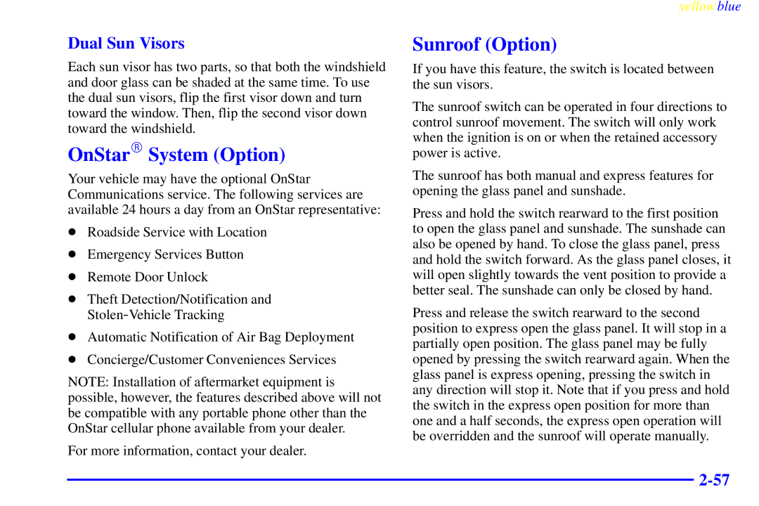 Buick 2000 manual OnStarR System Option, Sunroof Option, Dual Sun Visors 