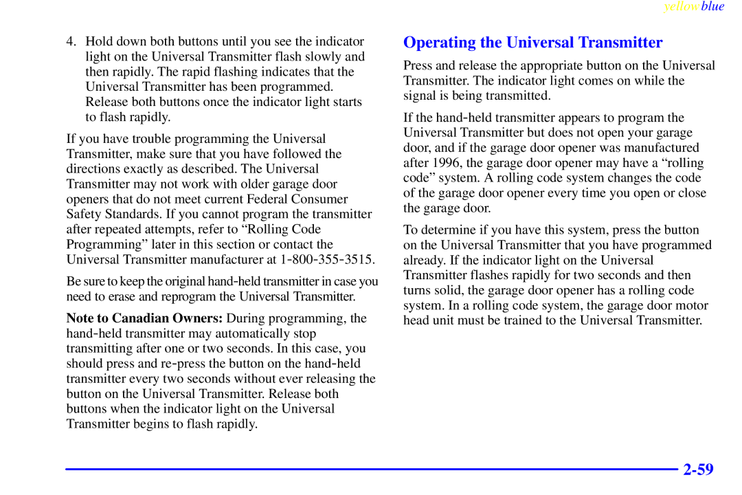 Buick 2000 manual Operating the Universal Transmitter 