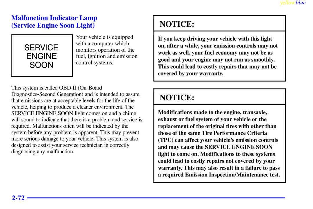 Buick 2000 manual Malfunction Indicator Lamp Service Engine Soon Light 