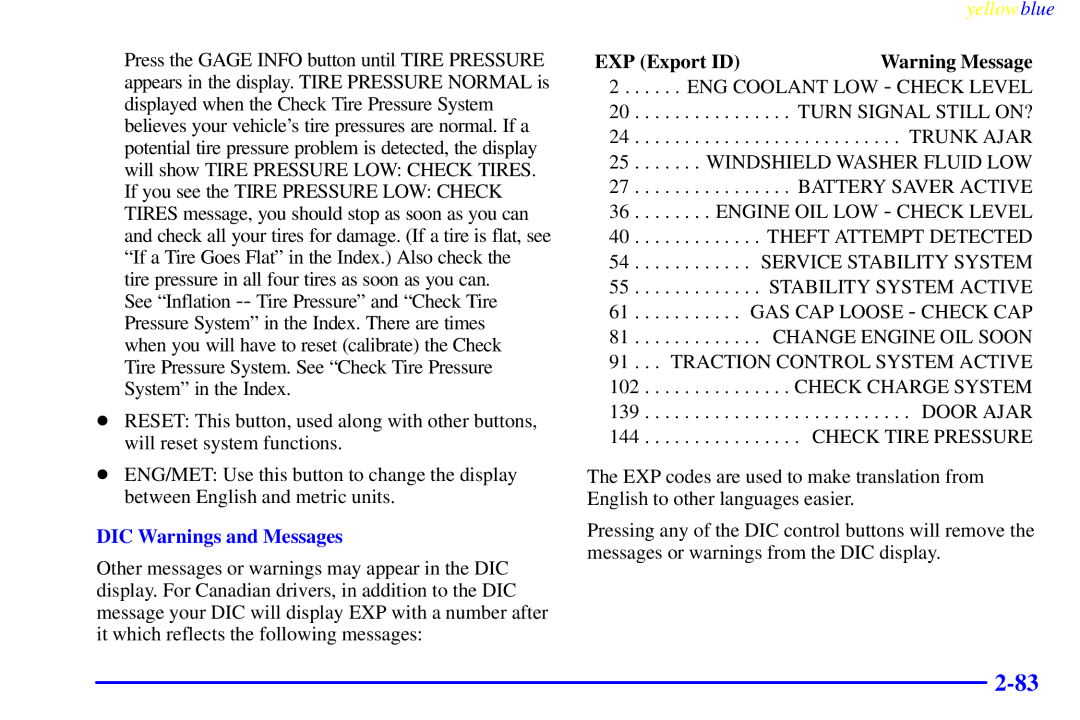 Buick 2000 manual DIC Warnings and Messages, EXP Export ID 