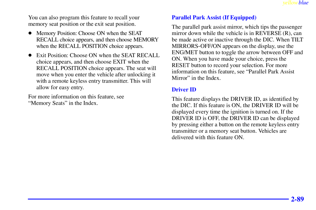 Buick 2000 manual Parallel Park Assist If Equipped, Driver ID 