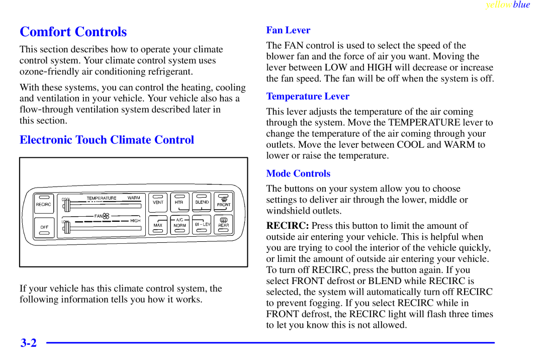 Buick 2000 manual Comfort Controls, Electronic Touch Climate Control, Fan Lever, Temperature Lever, Mode Controls 