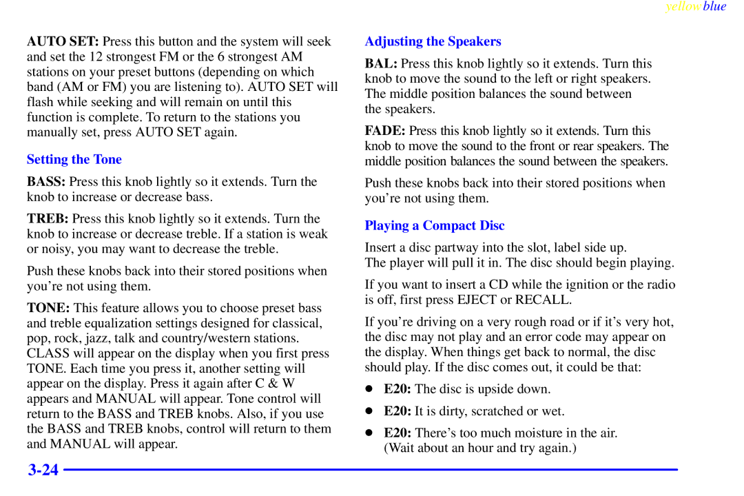 Buick 2000 manual Setting the Tone, Playing a Compact Disc 