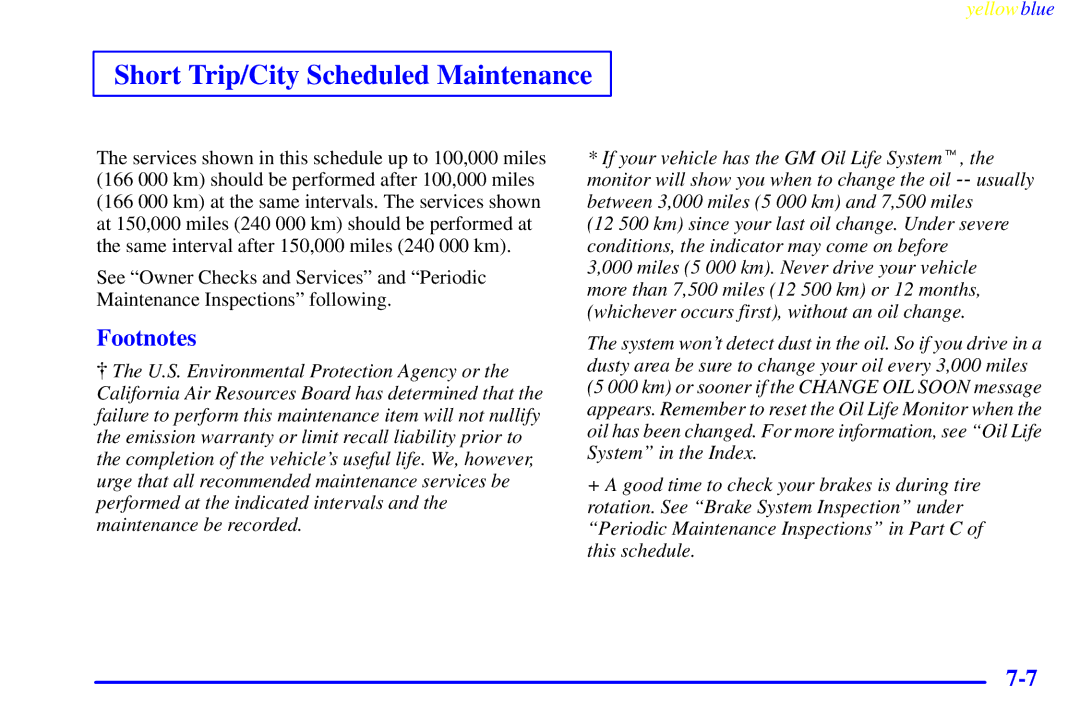 Buick 2000 manual Short Trip/City Scheduled Maintenance, Footnotes 