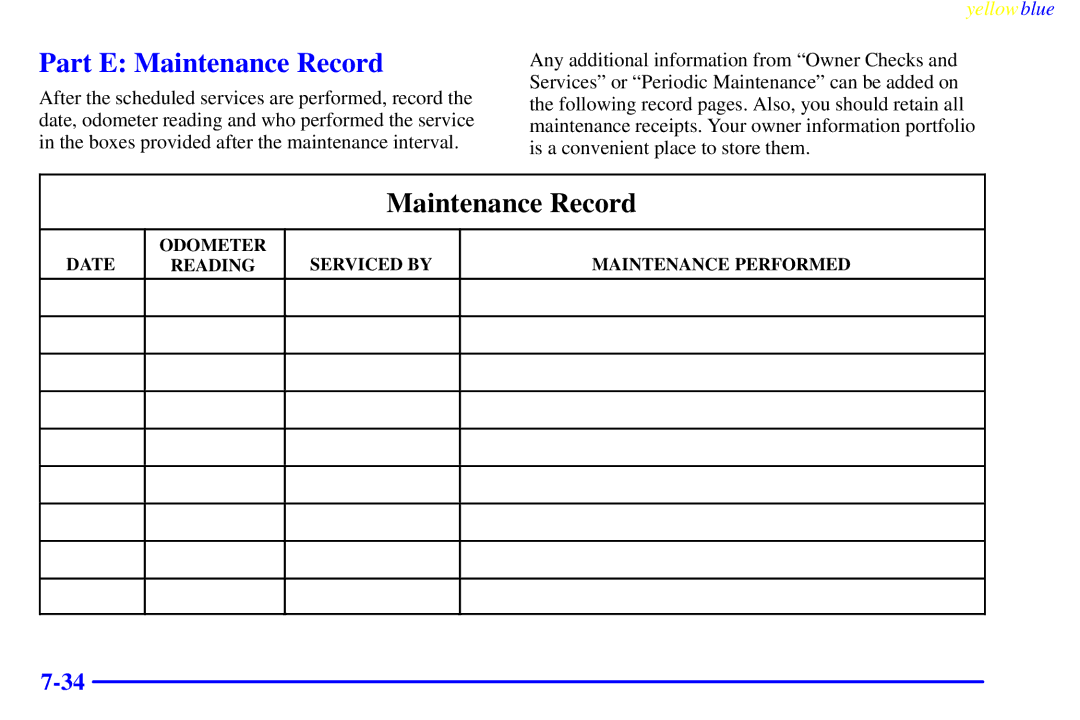 Buick 2000 manual Part E Maintenance Record 