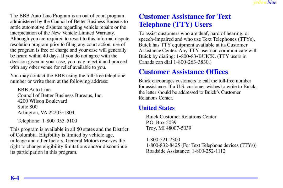 Buick 2000 manual Customer Assistance for Text Telephone TTY Users, Customer Assistance Offices, United States 