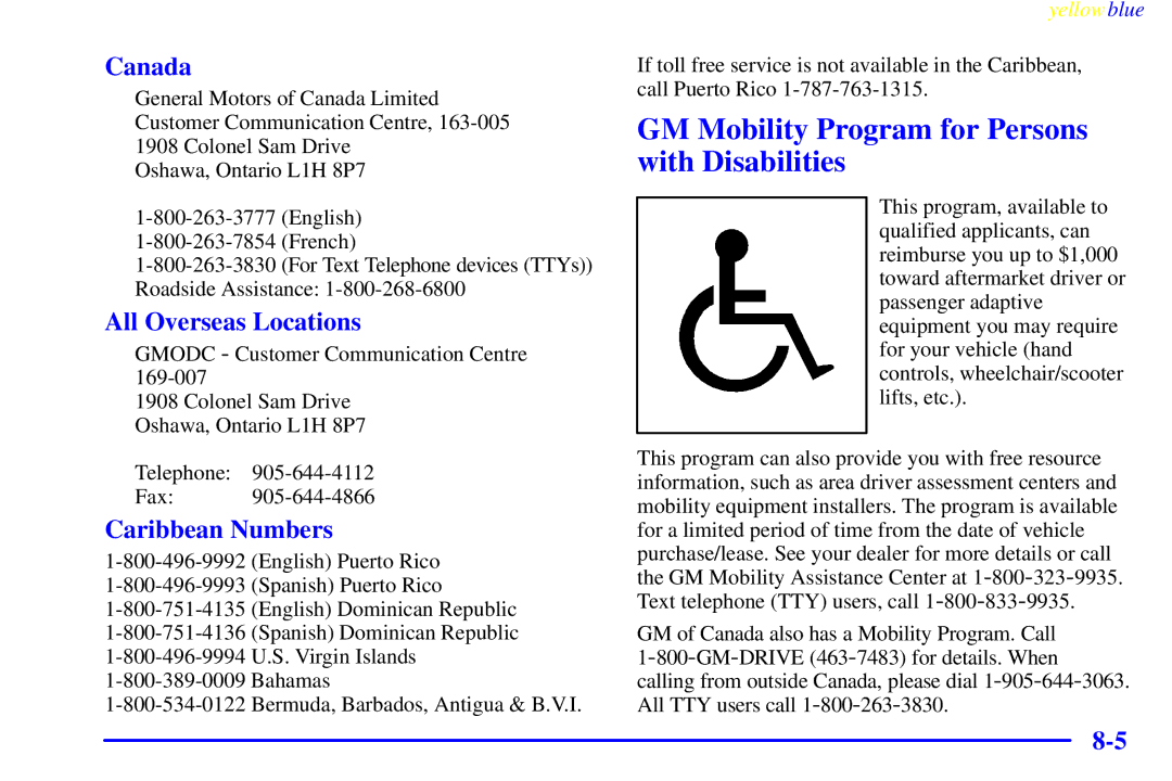 Buick 2000 manual GM Mobility Program for Persons with Disabilities, Canada, All Overseas Locations, Caribbean Numbers 