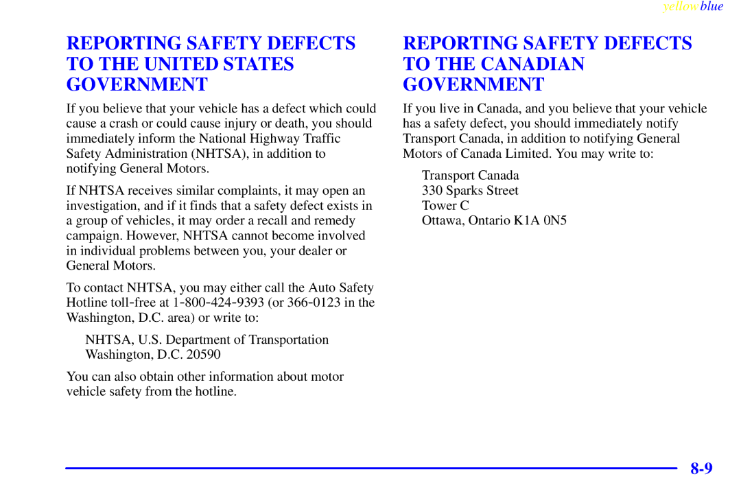 Buick 2000 manual Reporting Safety Defects to the United States Government 