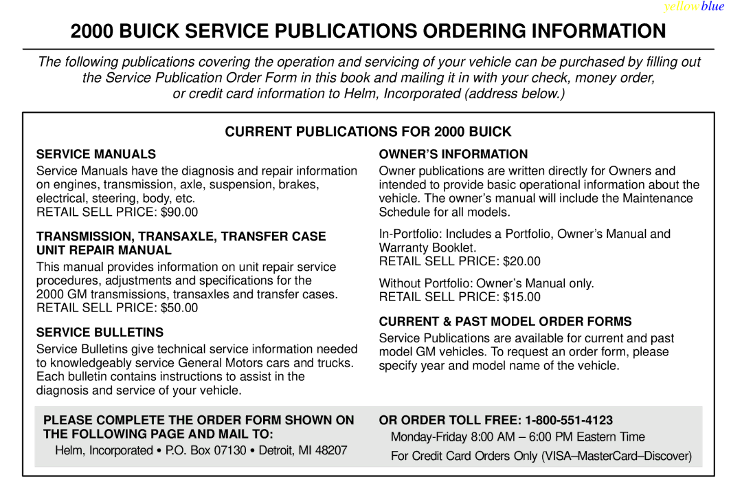 Buick 2000 manual Buick Service Publications Ordering Information 