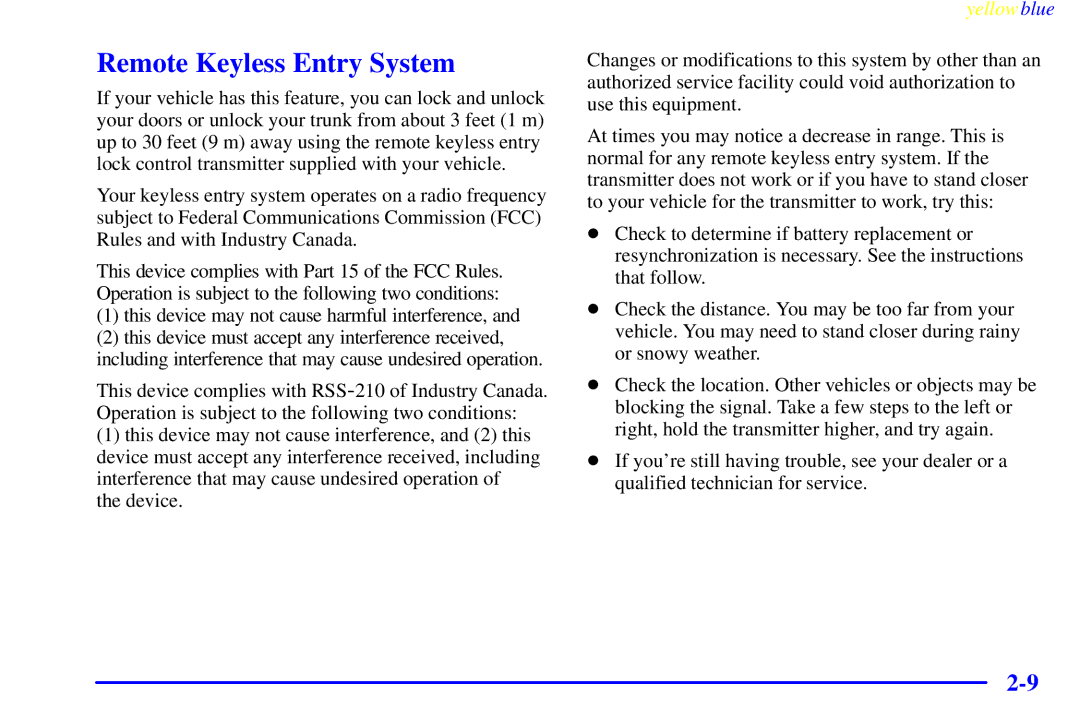 Buick 2000 manual Remote Keyless Entry System, This device may not cause harmful interference 