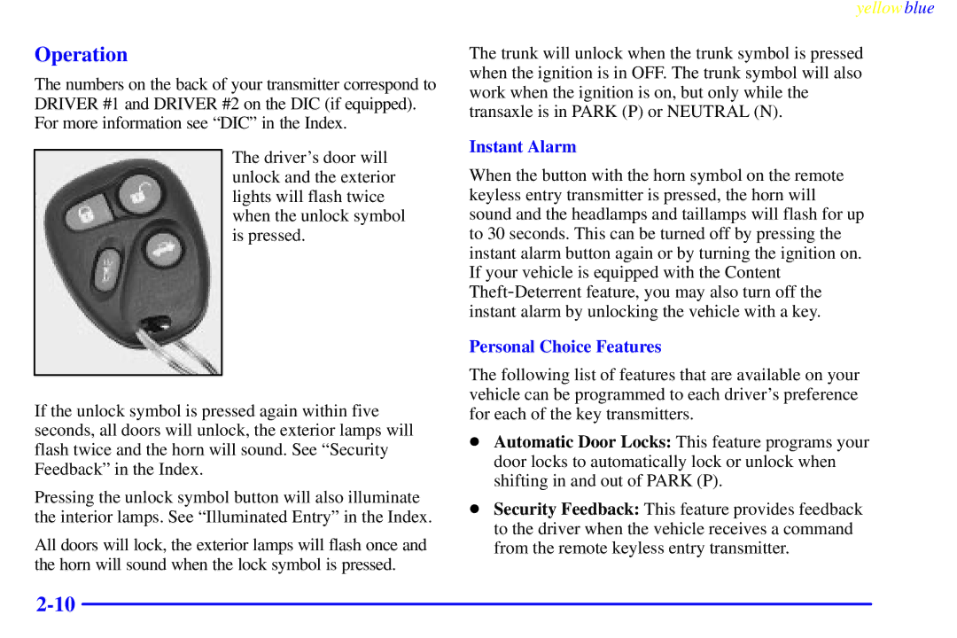 Buick 2000 manual Operation, Instant Alarm, Personal Choice Features 