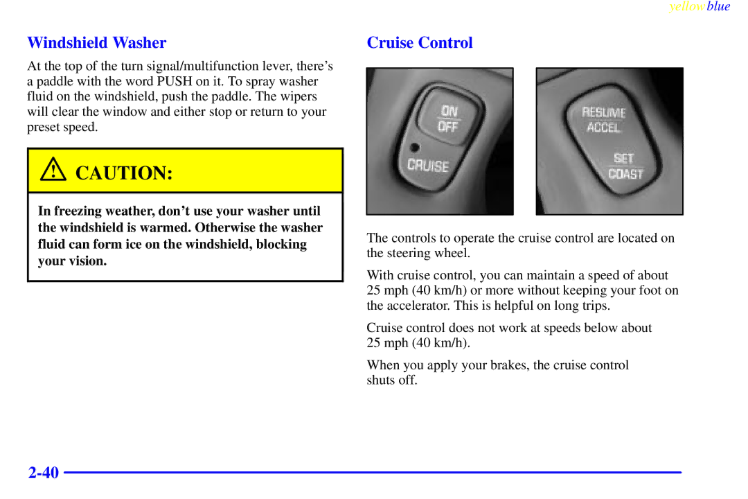 Buick 2000 manual Windshield Washer, Cruise Control 