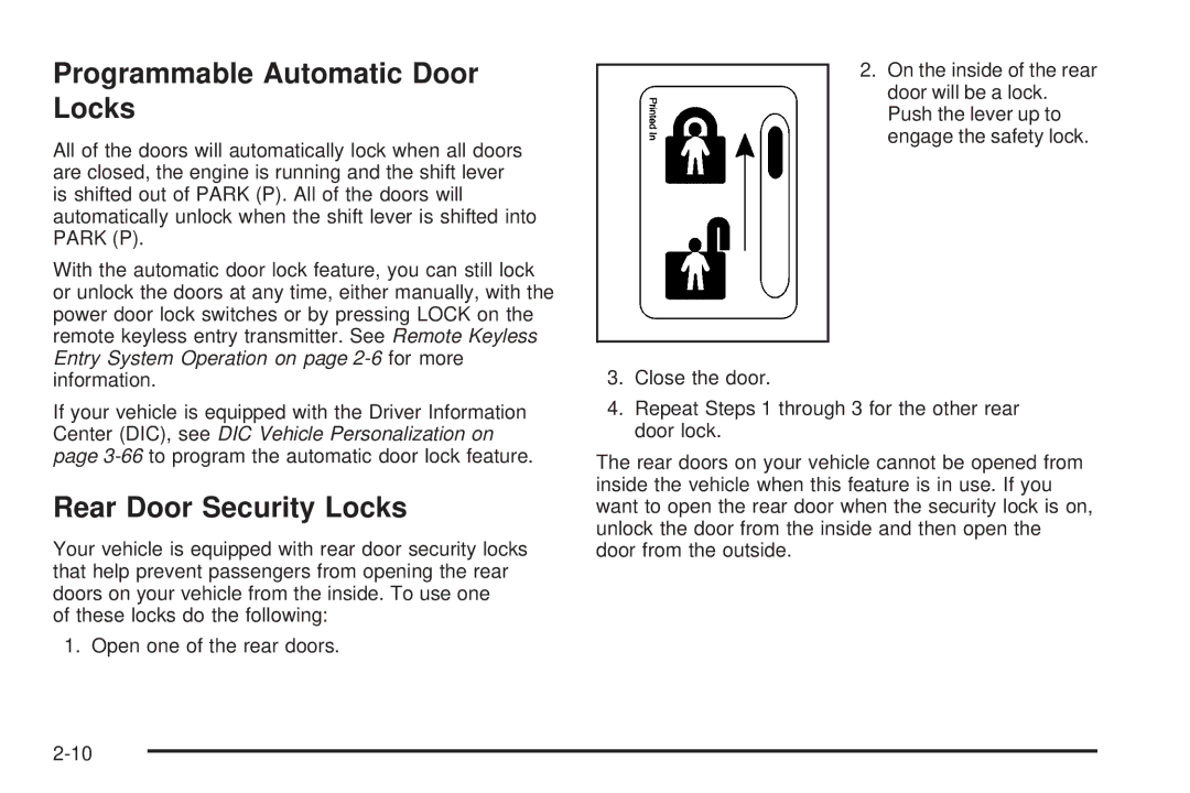 Buick 2005 manual Programmable Automatic Door Locks, Rear Door Security Locks 