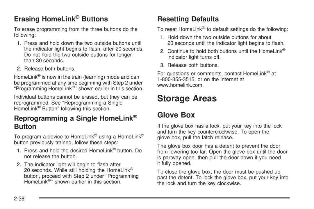 Buick 2005 Storage Areas, Glove Box, Erasing HomeLink Buttons, Reprogramming a Single HomeLink Button, Resetting Defaults 