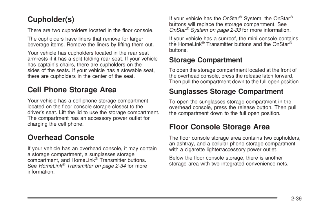 Buick 2005 manual Cupholders, Cell Phone Storage Area, Overhead Console, Floor Console Storage Area 