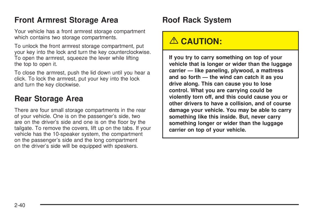 Buick 2005 manual Front Armrest Storage Area, Rear Storage Area, Roof Rack System 