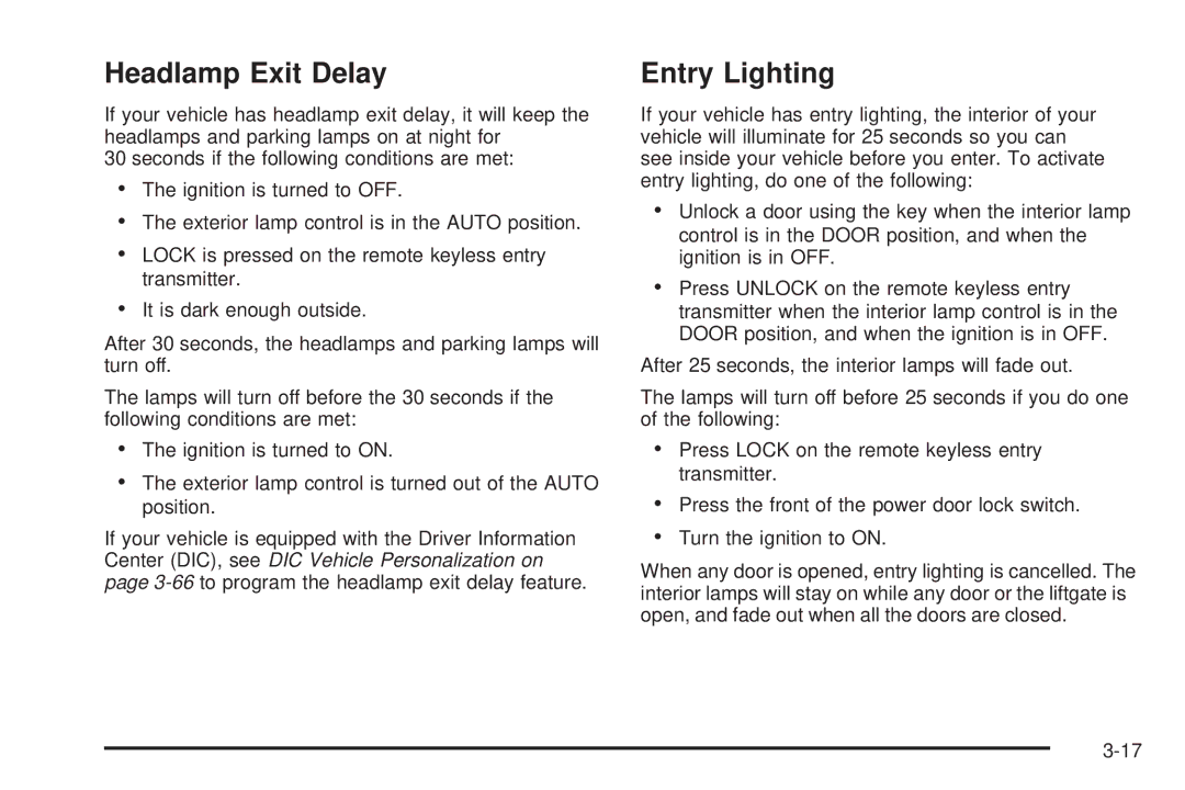 Buick 2005 manual Headlamp Exit Delay, Entry Lighting 