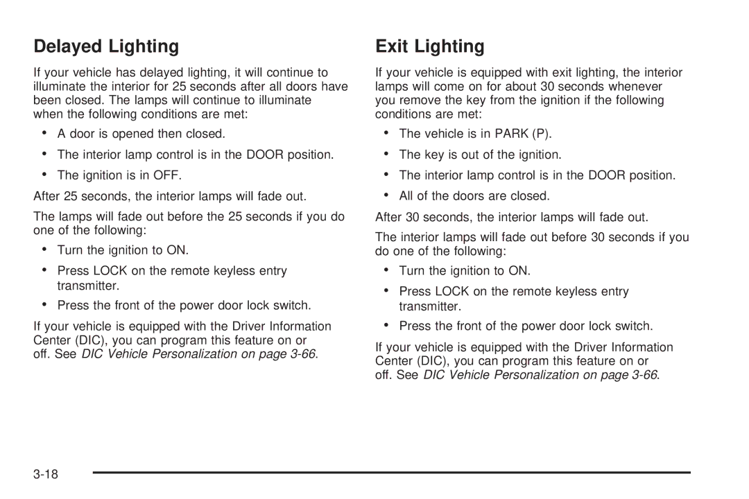 Buick 2005 manual Delayed Lighting, Exit Lighting 