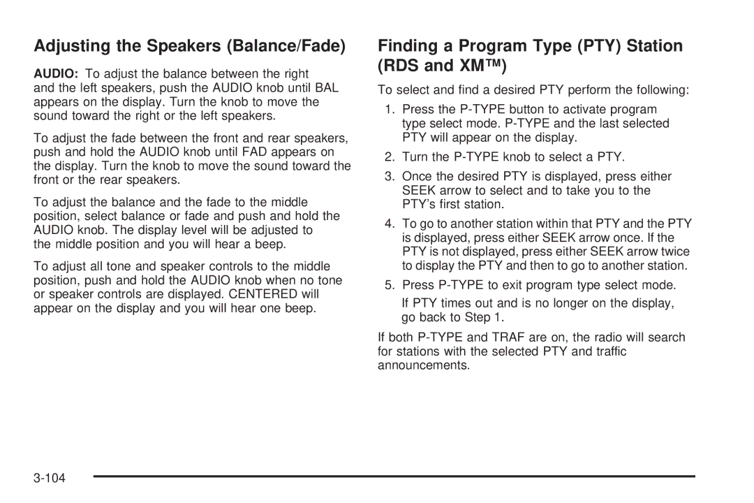 Buick 2005 manual Adjusting the Speakers Balance/Fade 